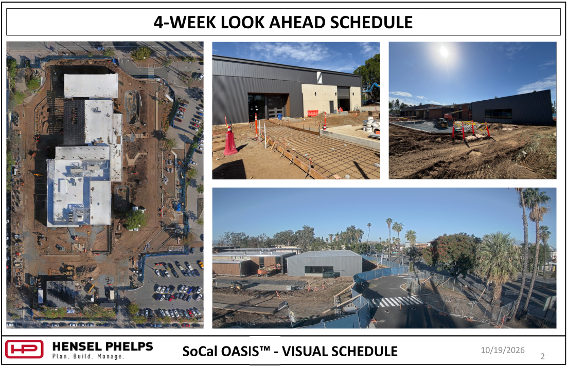 Slide 2 of the Hensel Phelps visual schedule (October 19, 2026) highlights SoCal OASIS™ site progress. It pairs an overhead aerial view of the site footprint with three photos: rebar grid prepped for a concrete walkway near dark corrugated exterior siding, site grading and staging in front of low-rise structures, and an elevated wide shot showing paved roadways, crosswalk markings, and perimeter fencing near palm trees.