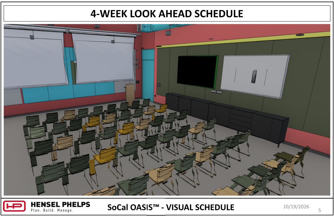 Slide 5 of the Hensel Phelps visual schedule (October 19, 2026) displays a 3D architectural rendering for the SoCal OASIS™ project. The rendering shows a presentation or lecture room setup with rows of chairs, dual ceiling-mounted projection screens on the left, and a front wall equipped with a digital display, whiteboard, and dark storage cabinets.
