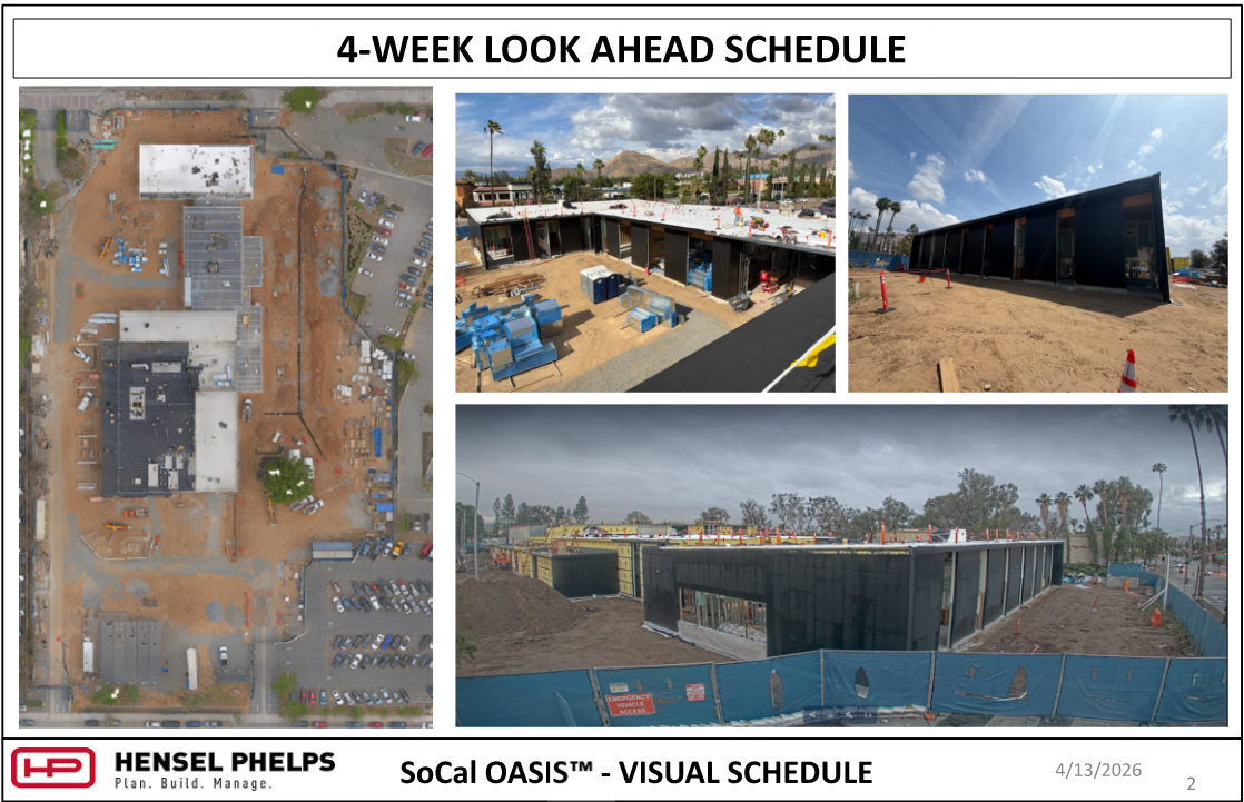 Construction progress slide for the SoCal OASIS™ project by Hensel Phelps, dated April 13, 2026. show an updated aerial site view, installation of black exterior wall panels, and progress on the building's roof and overall envelope.