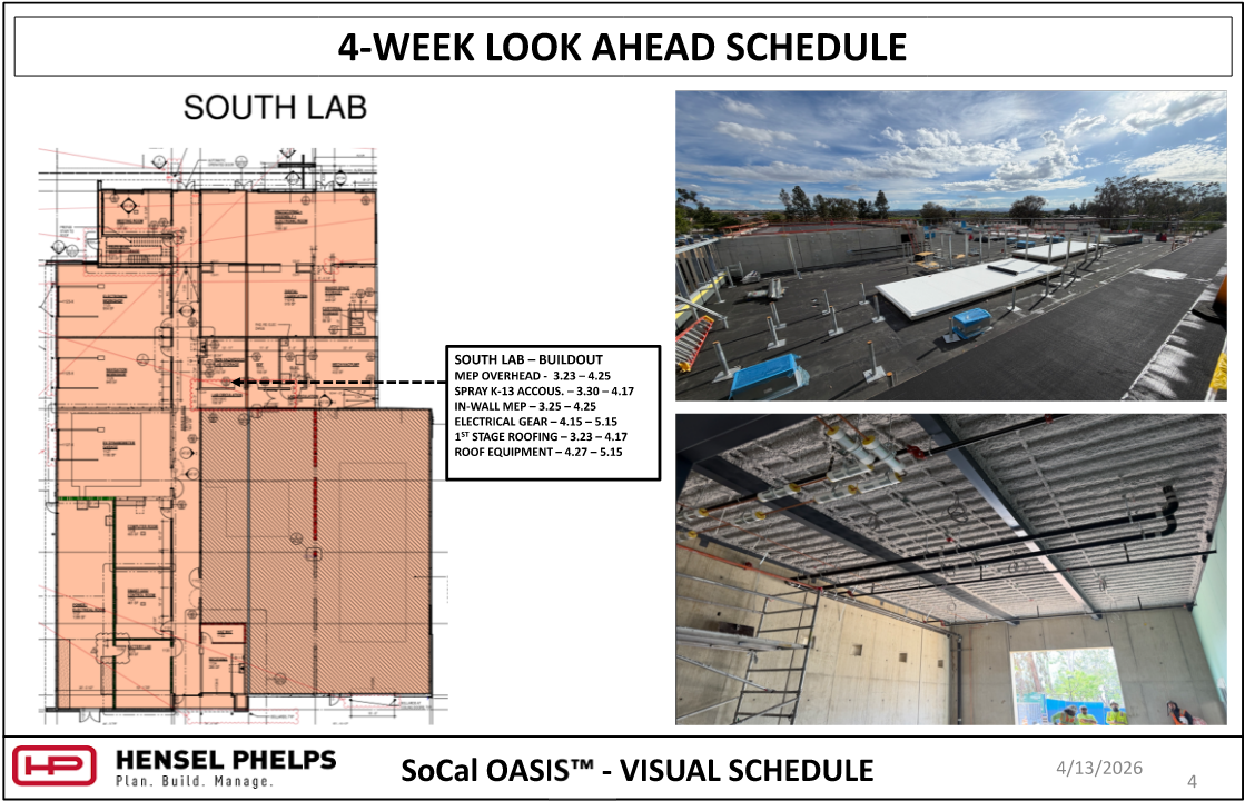 Construction schedule slide for the South Lab section of the SoCal OASIS™ project (4/13/2026). Features a highlighted floor plan, a buildout milestone list, and showing roof insulation installation and interior overhead MEP with spray-on insulation.