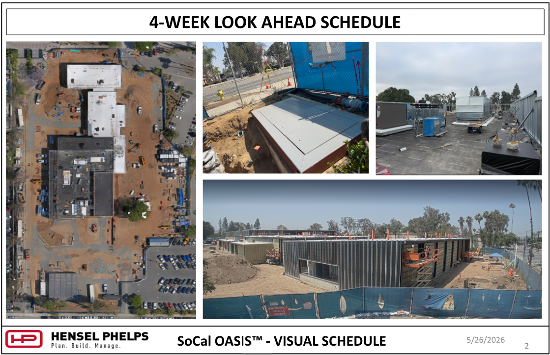A 4-Week Look Ahead Schedule for the SoCal OASIS™ project by Hensel Phelps, dated May 26, 2026. This visual overview includes an aerial site plan of the construction zone next to a parking lot, alongside on-site photos showing a newly installed concrete vault hatch in a utility trench, rooftop mechanical and HVAC units, and exterior facade installation progress featuring framing and panels behind a blue construction fence.