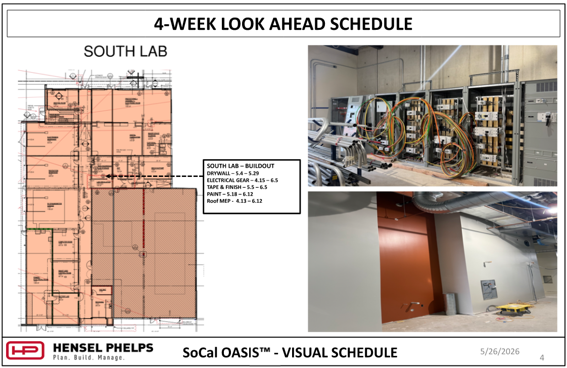 A 4-Week Look Ahead Schedule for the South Lab section of the SoCal OASIS™ project, dated May 26, 2026. The slide features a floor plan with highlighted orange work zones and an active buildout task list covering drywall, electrical gear, painting, and roof MEP. Accompanying photos show interior technical progress, including open electrical equipment cabinets with complex wiring and conduits, and a freshly painted room with gray and rust-red walls beneath an exposed ceiling with overhead ductwork.