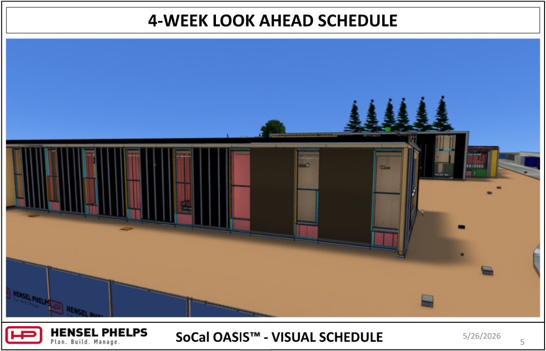 A 4-Week Look Ahead Schedule for the SoCal OASIS™ project by Hensel Phelps, dated May 26, 2026. This slide features a 3D architectural BIM model of the building's single-story exterior facade, illustrating different stages of construction siding, panels, and window framing facing an unpaved courtyard area under a clear blue sky.