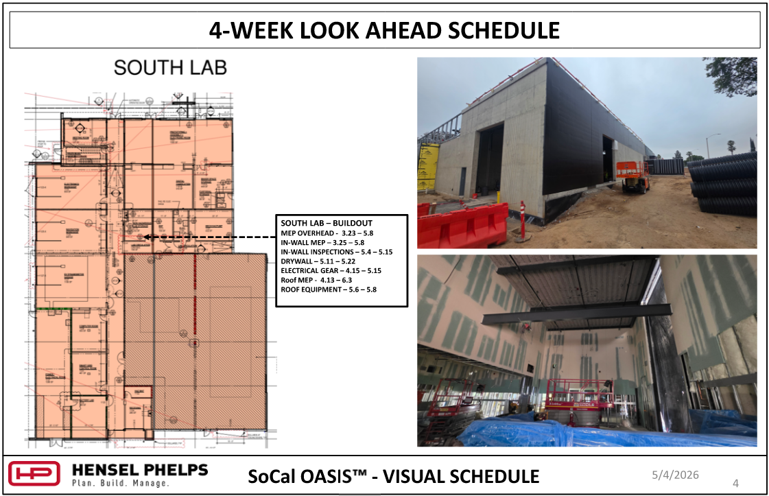 A construction update slide for the South Lab of the SoCal OASIS™ project. It features an orange-shaded floor plan and a schedule for MEP buildout, drywall, and roof equipment through early June 2026. Supporting photos show the building's exterior facade progress and interior high-bay construction with scaffolding.