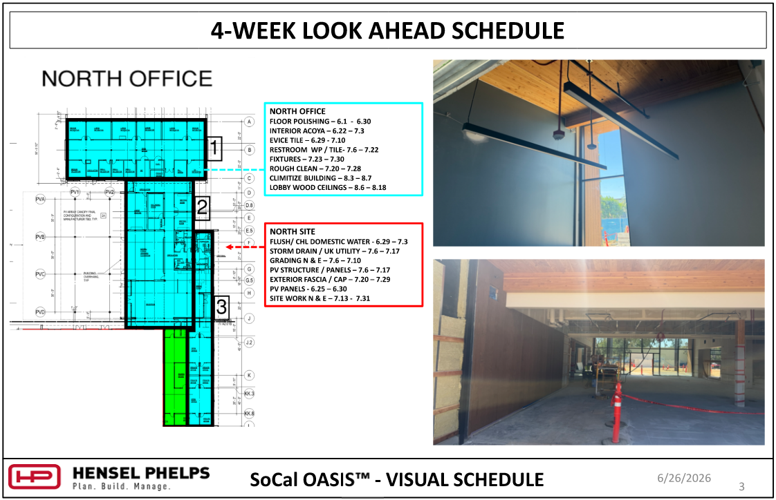 An image titled "4-WEEK LOOK AHEAD SCHEDULE" for the Hensel Phelps "SoCal OASIS™" project (page 3, dated June 26, 2026). It shows a highlighted floor plan of the "North Office" alongside text boxes detailing schedules for interior tasks (such as floor polishing and lobby wood ceilings) and exterior "North Site" tasks (such as storm drains and PV panels). Two interior construction photos on the right showcase high wood-paneled ceilings, modern hanging light fixtures, and open-concept rooms.