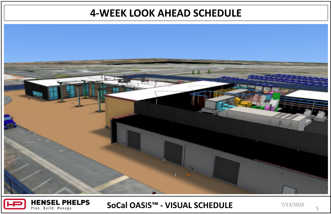 An image titled "4-WEEK LOOK AHEAD SCHEDULE" for the Hensel Phelps "SoCal OASIS™" project (page 5, dated July 13, 2026). It shows a 3D digital architectural rendering of the building complex from a different angle, highlighting a grey exterior wall with roll-up doors in the foreground, detailed rooftop mechanical equipment, and solar panel arrays in the background.