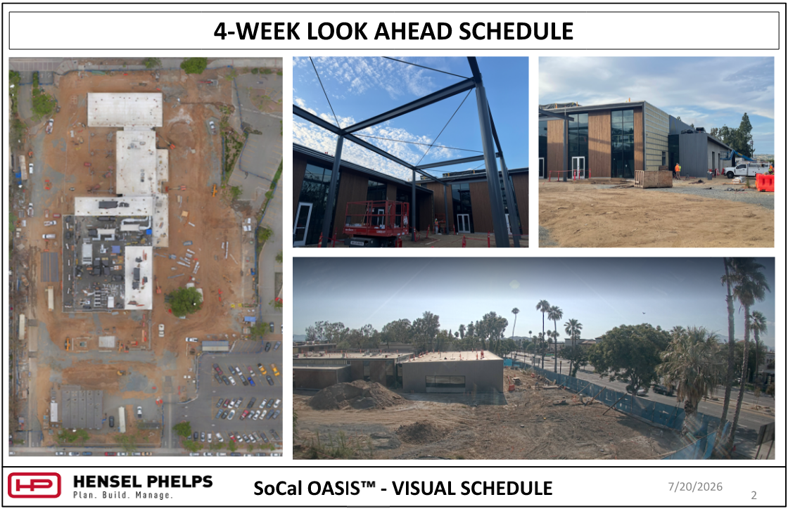 Presentation slide titled "4-WEEK LOOK AHEAD SCHEDULE" from Hensel Phelps for "SoCal OASIS™ - VISUAL SCHEDULE" dated 7/20/2026. The slide displays four construction progress photographs: an aerial overhead view of the building footprint and surrounding dirt site, a close-up of dark structural steel framing with a scissor lift underneath, a street-level view of a modern wood-paneled and glass building facade, and a wide elevated view of the construction site bordered by palm trees and a road.