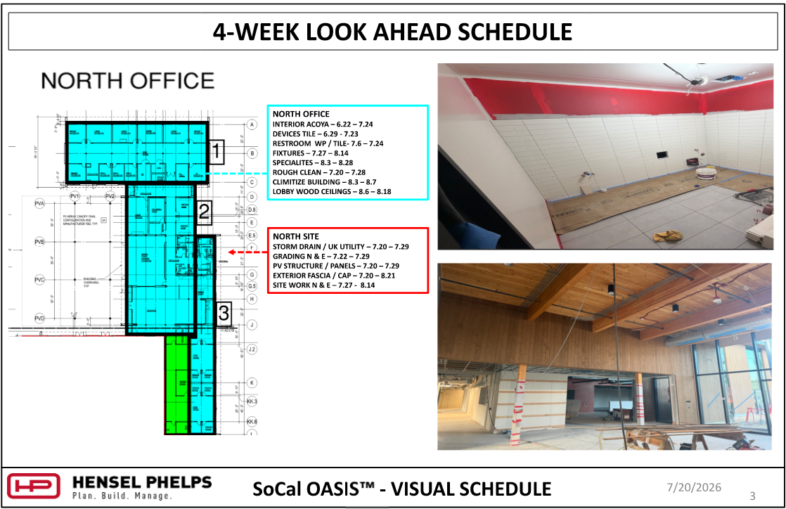 Slide 3 of the Hensel Phelps visual schedule (July 20, 2026) highlights upcoming tasks for the "North Office" and "North Site" zones of the SoCal OASIS™ project. It pairs a color-coded floor plan and schedule callouts—covering interior finishes, tiling, fixture installation, site grading, storm drains, and PV panel setup through mid-August—with photos of a tiled room featuring a red accent wall and a lobby with exposed timber ceiling beams.