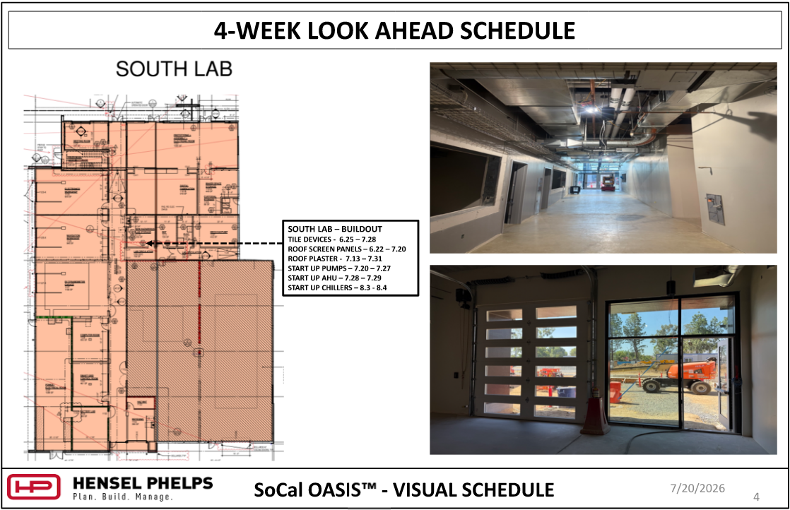 Hensel Phelps visual schedule (July 20, 2026) highlights upcoming tasks for the "South Lab" section of the SoCal OASIS™ project. It features a floor plan with highlighted zones and a schedule for buildout tasks—including tile devices, roof screen panels, roof plaster, and startups for pumps, AHU, and chillers. There are two photos: an one of interior corridor with exposed ceiling ductwork, and a lower image showing a roll-up sectional door and adjacent glass door looking out to the construction site.
