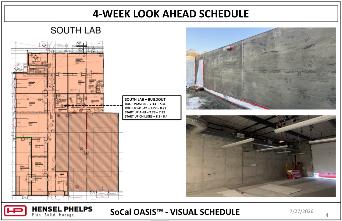 Slide 4 of the Hensel Phelps visual schedule (July 27, 2026) updates upcoming tasks for the "South Lab" section of the SoCal OASIS™ project. It features a highlighted floor plan with a schedule for roof plaster, roof low bay construction, and equipment startups through early August. The plan has two photos: an upper image showing a board-formed concrete exterior wall with base flashing, and a lower image showing an interior bay space with concrete walls, suspended lighting, and a open roll-up doorway.