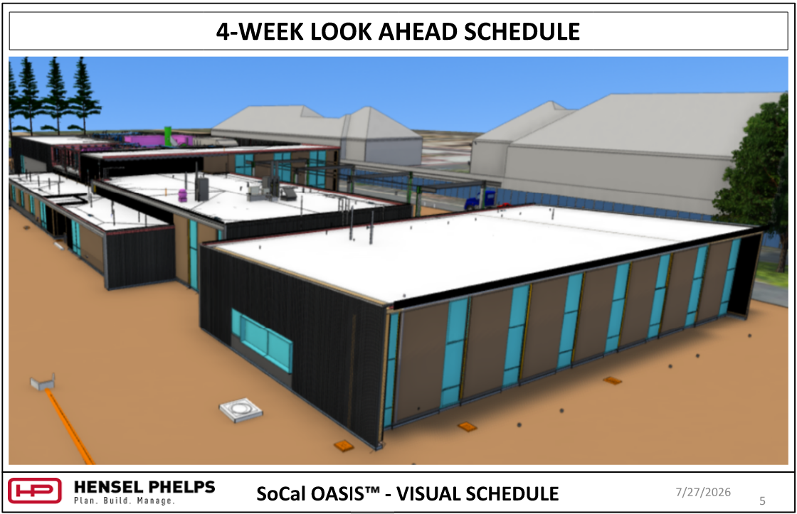 Slide 5 of the Hensel Phelps visual schedule (July 27, 2026) displays an elevated 3D architectural rendering for the SoCal OASIS™ project. The rendering shows an aerial perspective of the facility layout, featuring flat rooftops, dark exterior wall cladding with tall vertical glass windows, and adjacent neighboring buildings set against a blue sky.