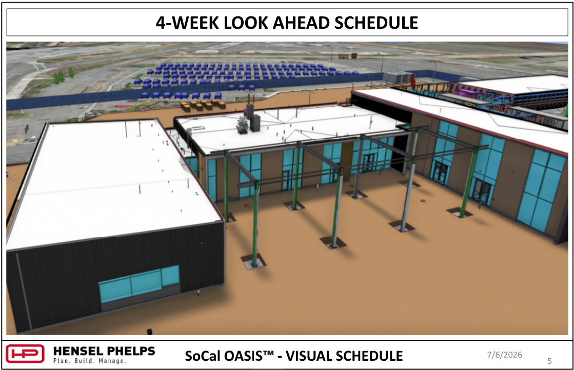 A 4-Week Look Ahead Schedule for the SoCal OASIS™ project by Hensel Phelps, dated 7/6/2026. This slide features an angled 3D BIM model rendering of the facility, showcasing its flat white roofs, dark corrugated siding, tan window framing panels, and an open dirt courtyard featuring an newly added overhead steel canopy grid structure under development.