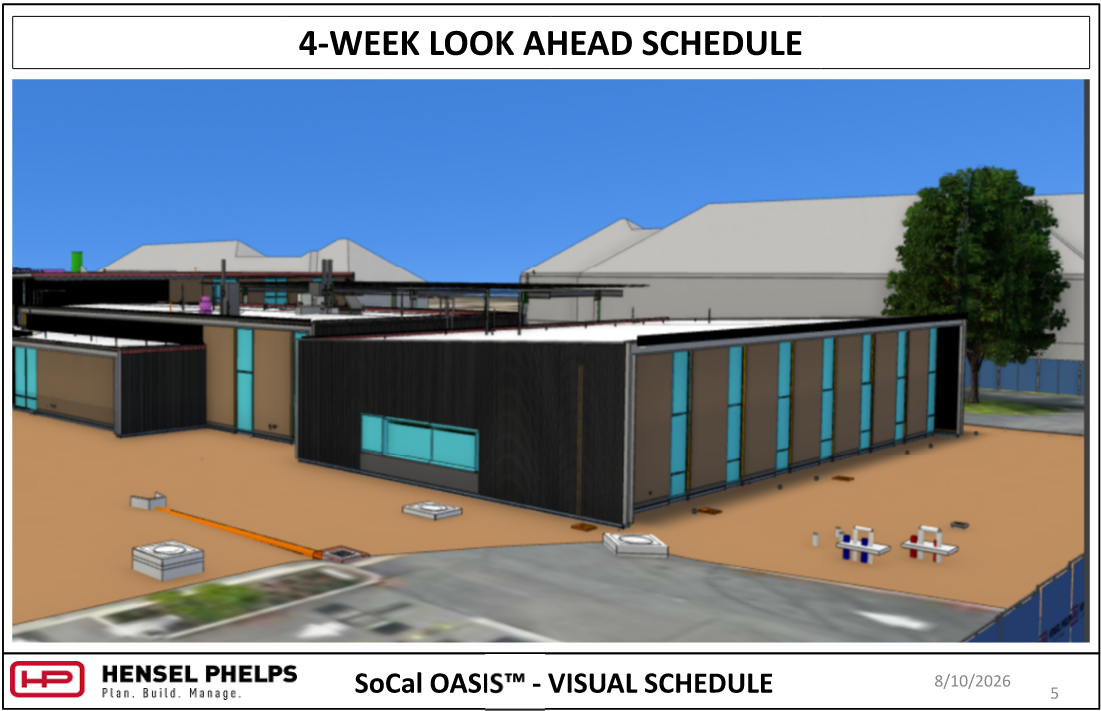 Slide 5 of the Hensel Phelps visual schedule (August 10, 2026) displays a 3D architectural rendering for the SoCal OASIS™ project. The image presents a ground-level perspective view of the facility layout, featuring dark-paneled exterior walls with vertical windows, flat rooftops, rooftop solar canopy framing, and surrounding site grounds under a clear blue sky.