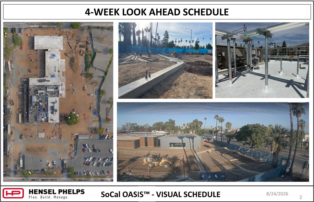 Slide 2 of the Hensel Phelps visual schedule (August 24, 2026) highlights SoCal OASIS™ site progress. It pairs an overhead aerial view of the site with three progress photos: newly poured concrete curbing along a dirt pathway, rooftop pipe support framing with insulated overhead lines, and a wide elevated view of site grading featuring heavy machinery and palm trees along the perimeter fence.